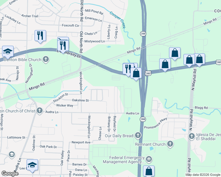 map of restaurants, bars, coffee shops, grocery stores, and more near 1425 Brandywine Circle in Denton