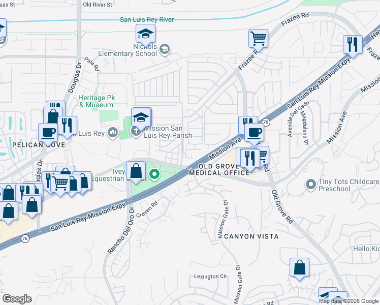 map of restaurants, bars, coffee shops, grocery stores, and more near 4211 Mission Ranch Way in Oceanside