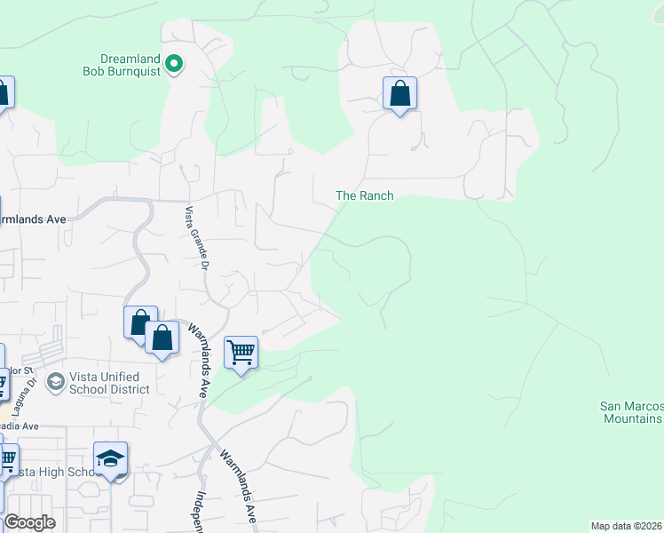 map of restaurants, bars, coffee shops, grocery stores, and more near 1847 Elevado Road in Vista
