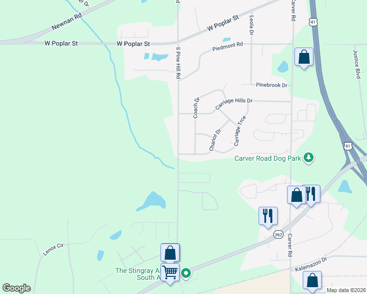 map of restaurants, bars, coffee shops, grocery stores, and more near 132 Chariot Drive in Griffin