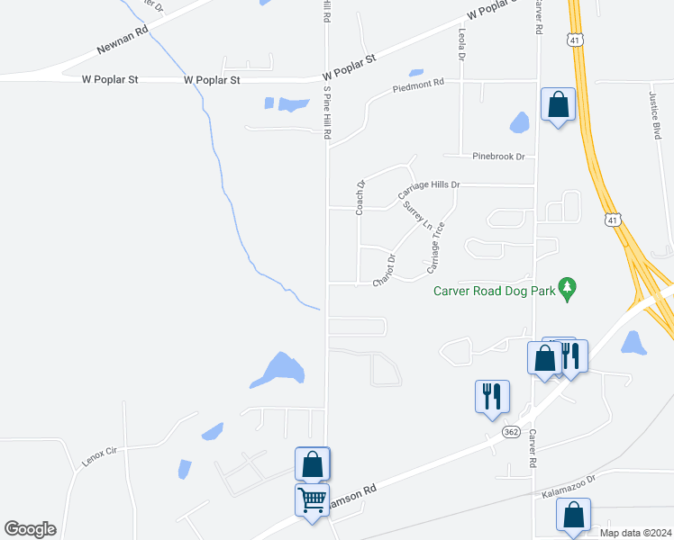map of restaurants, bars, coffee shops, grocery stores, and more near 536 South Pine Hill Road in Griffin