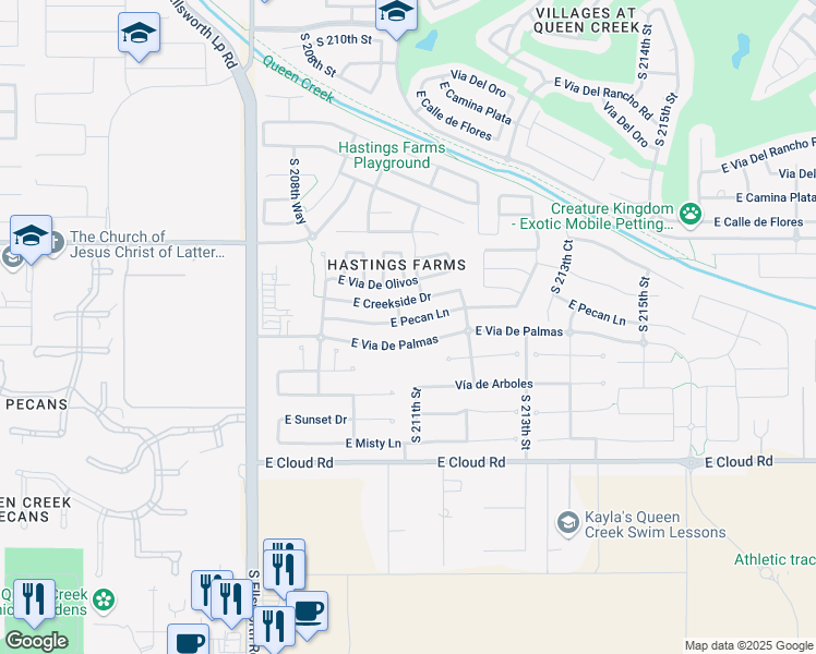 map of restaurants, bars, coffee shops, grocery stores, and more near 21077 East Pecan Lane in Queen Creek