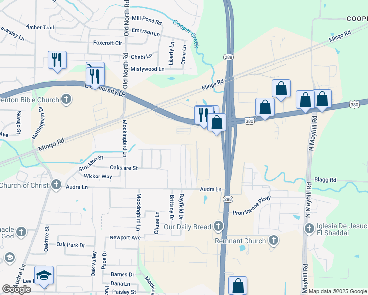 map of restaurants, bars, coffee shops, grocery stores, and more near 1412 Bayfield Drive in Denton