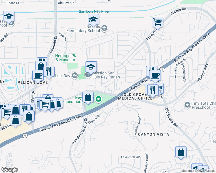 map of restaurants, bars, coffee shops, grocery stores, and more near 4170 Sitio Cielo in Oceanside