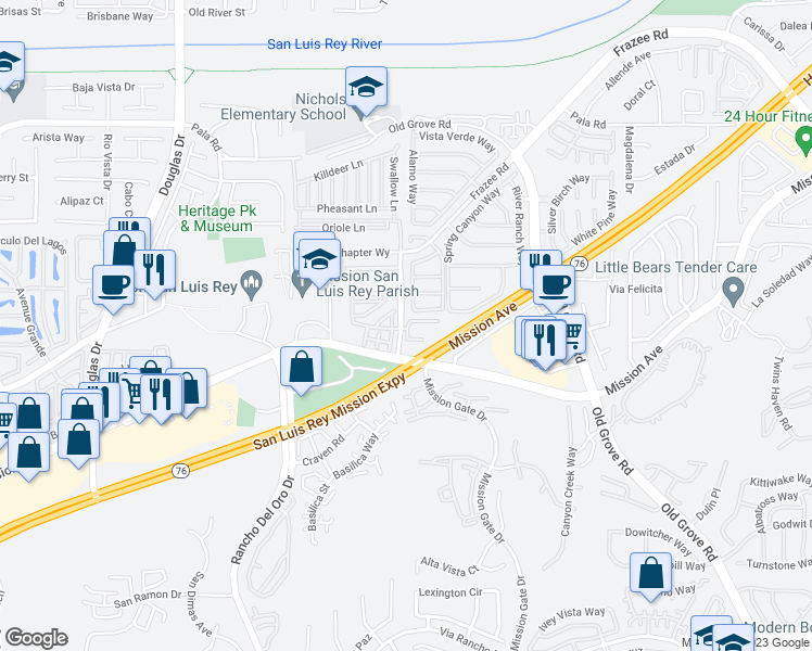map of restaurants, bars, coffee shops, grocery stores, and more near 4208 Mission Ranch Way in Oceanside