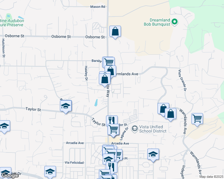 map of restaurants, bars, coffee shops, grocery stores, and more near 2076 Blue Oak Lane in Vista