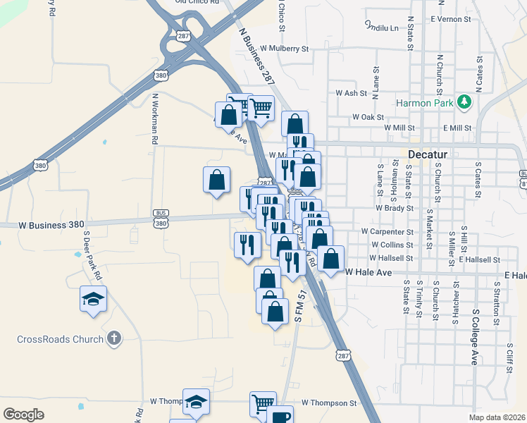 map of restaurants, bars, coffee shops, grocery stores, and more near 809 West Business 380 in Decatur