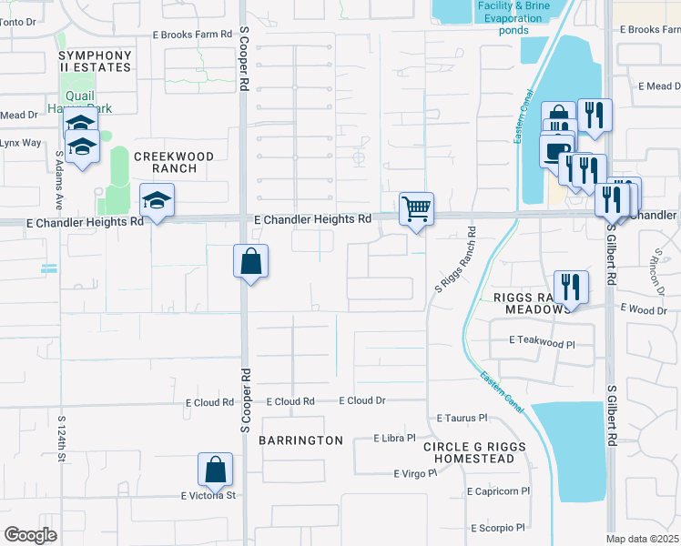 map of restaurants, bars, coffee shops, grocery stores, and more near 5150 South Lafayette Drive in Chandler