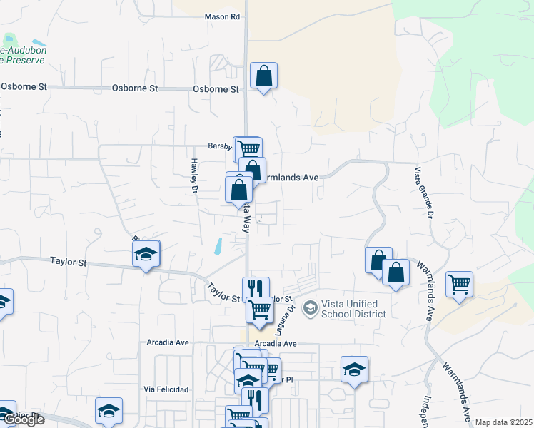 map of restaurants, bars, coffee shops, grocery stores, and more near 2076 Blue Oak Lane in Vista