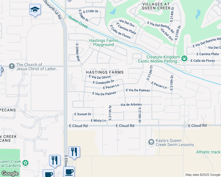 map of restaurants, bars, coffee shops, grocery stores, and more near 21077 East Pecan Lane in Queen Creek