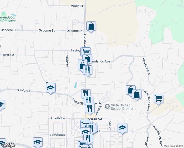 map of restaurants, bars, coffee shops, grocery stores, and more near 1132 Cherry Tree Lane in Vista