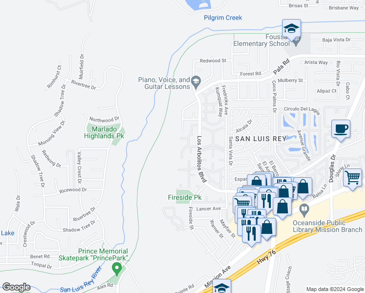 map of restaurants, bars, coffee shops, grocery stores, and more near 3436 Orchard Way in Oceanside