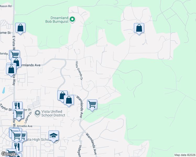 map of restaurants, bars, coffee shops, grocery stores, and more near 2056 Wonderview Drive in Vista