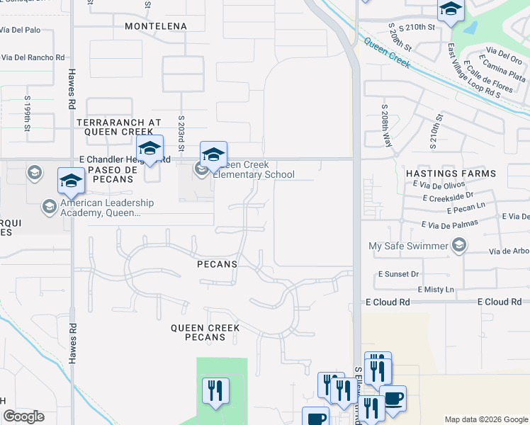 map of restaurants, bars, coffee shops, grocery stores, and more near 20554 West Via De Palmas in Queen Creek