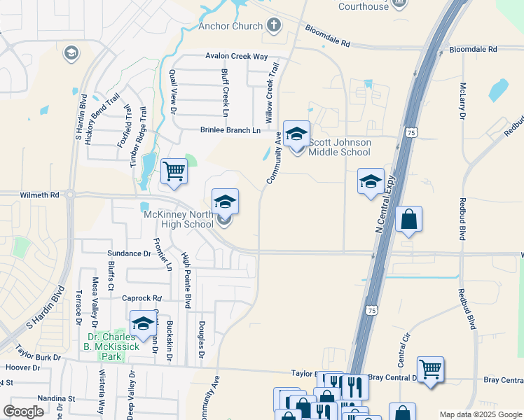 map of restaurants, bars, coffee shops, grocery stores, and more near 2300 Wilmeth Road in McKinney