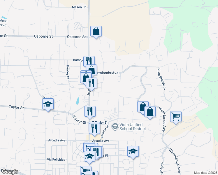 map of restaurants, bars, coffee shops, grocery stores, and more near 2047 Vista Grande Place in Vista