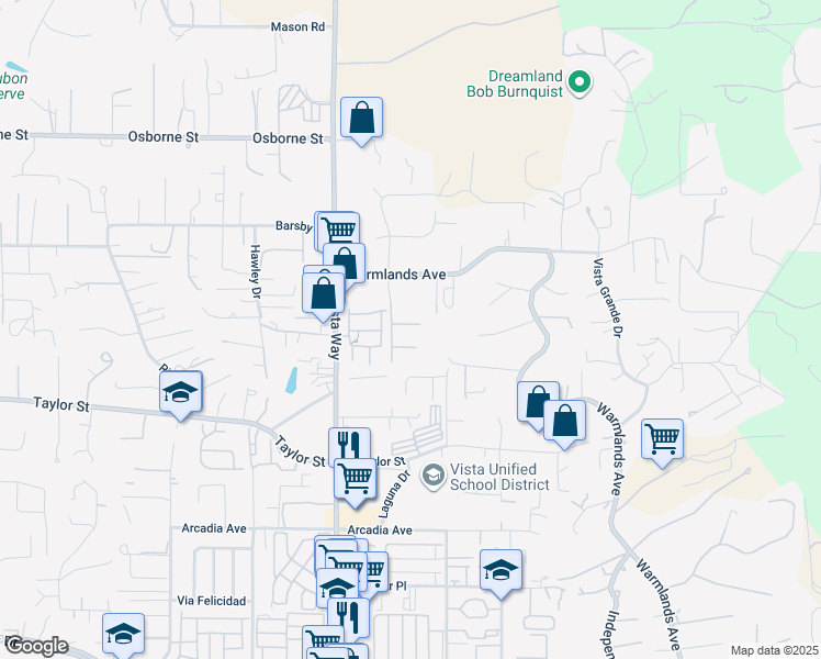 map of restaurants, bars, coffee shops, grocery stores, and more near 2047 Vista Grande Place in Vista