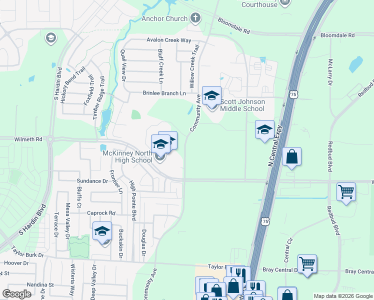 map of restaurants, bars, coffee shops, grocery stores, and more near 2550 Wilmeth Road in McKinney