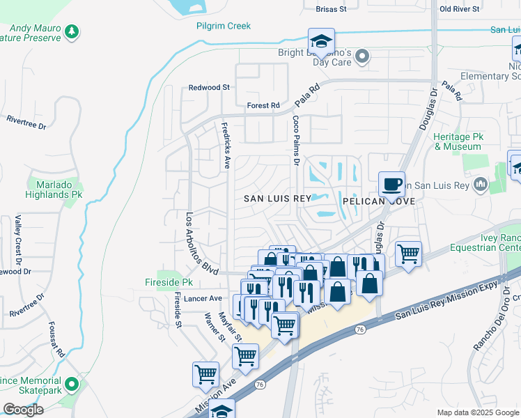map of restaurants, bars, coffee shops, grocery stores, and more near El Camino Real in Oceanside