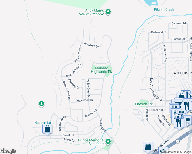 map of restaurants, bars, coffee shops, grocery stores, and more near 3428 Meadow View Drive in Oceanside
