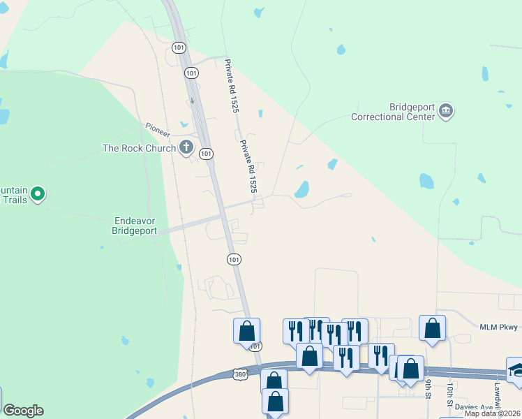 map of restaurants, bars, coffee shops, grocery stores, and more near 182 Private Road 1521 in Bridgeport