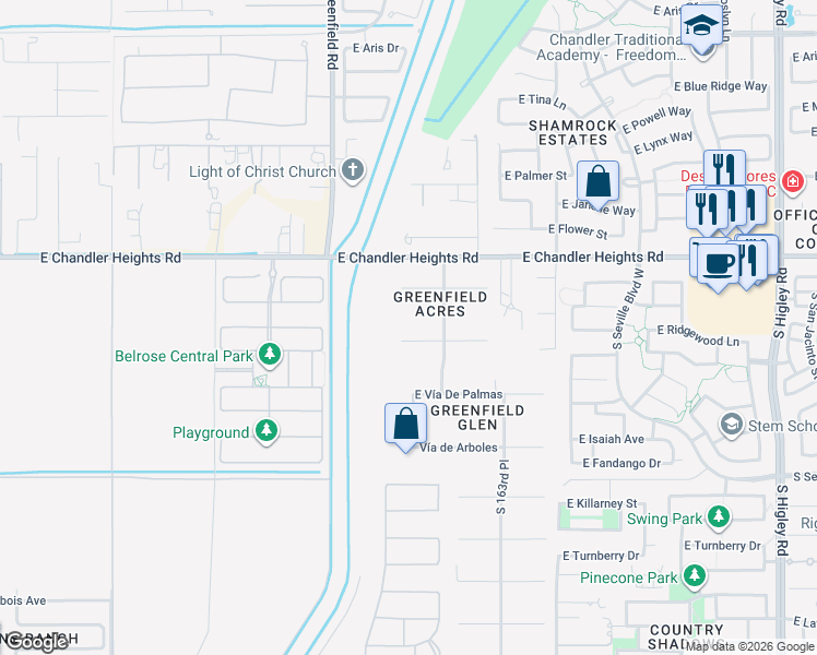 map of restaurants, bars, coffee shops, grocery stores, and more near 2553 East Ridgewood Lane in Gilbert