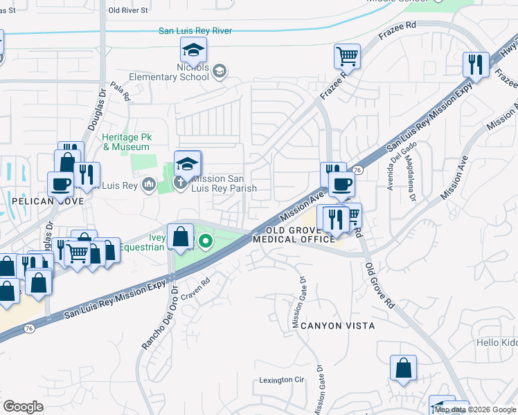map of restaurants, bars, coffee shops, grocery stores, and more near 4254 Mission Ranch Way in Oceanside
