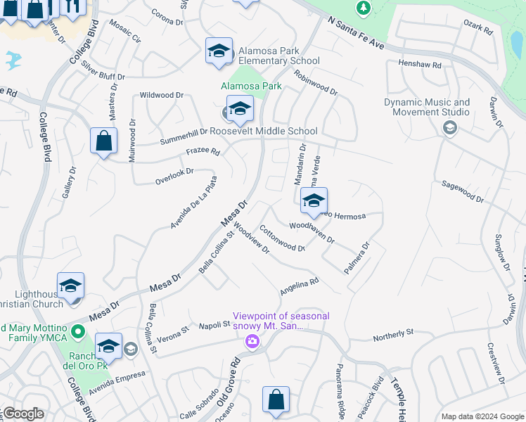 map of restaurants, bars, coffee shops, grocery stores, and more near 5034 Cherrywood Drive in Oceanside