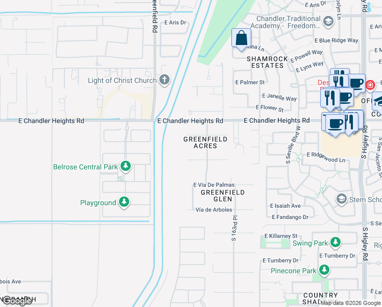 map of restaurants, bars, coffee shops, grocery stores, and more near 2553 East Ridgewood Lane in Gilbert
