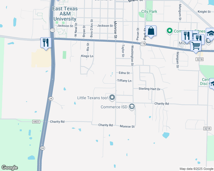 map of restaurants, bars, coffee shops, grocery stores, and more near 1513 Deer Trail in Commerce