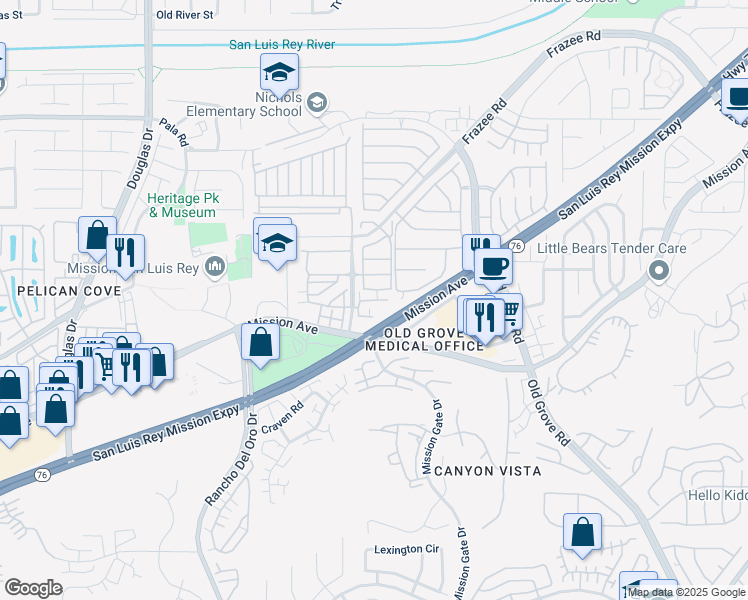 map of restaurants, bars, coffee shops, grocery stores, and more near 4202 Mission Ranch Way in Oceanside
