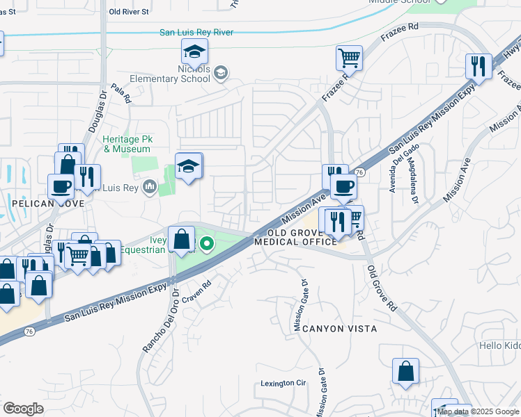 map of restaurants, bars, coffee shops, grocery stores, and more near 4258 Mission Ranch Way in Oceanside
