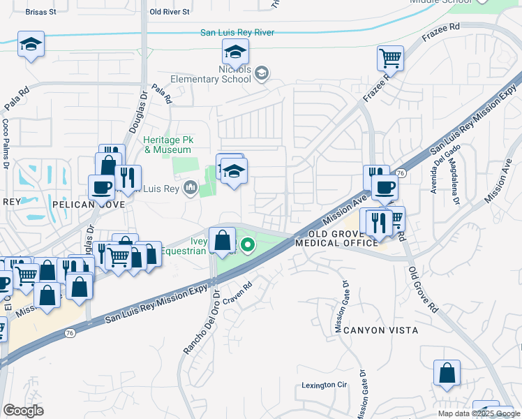 map of restaurants, bars, coffee shops, grocery stores, and more near 4107 Vela way in Oceanside
