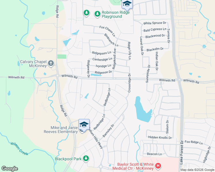 map of restaurants, bars, coffee shops, grocery stores, and more near 2817 Redbridge Lane in McKinney