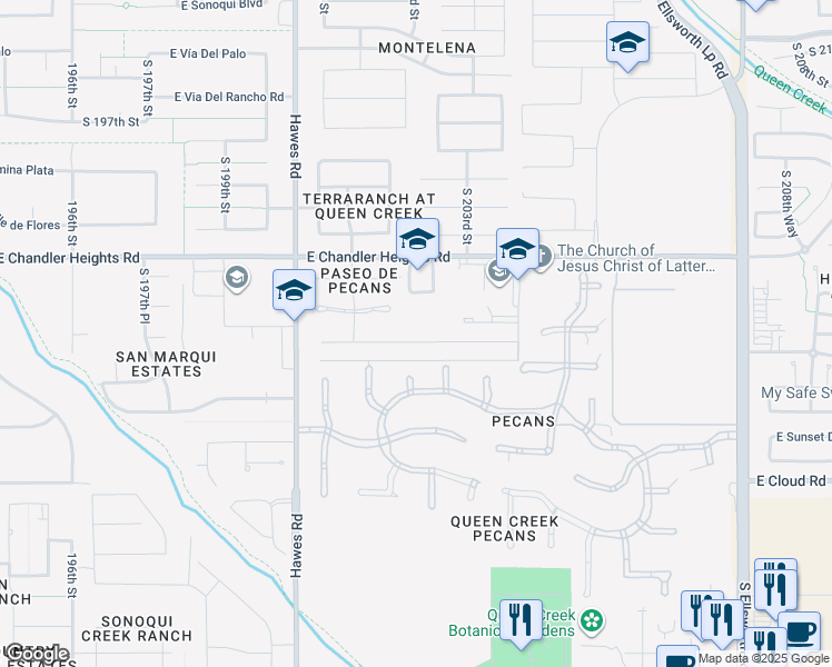 map of restaurants, bars, coffee shops, grocery stores, and more near 20255 East Pecan Lane in Queen Creek
