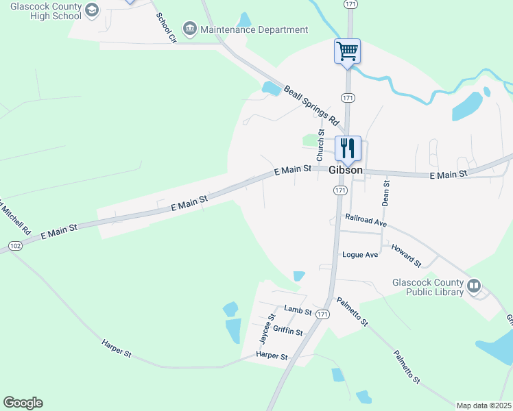 map of restaurants, bars, coffee shops, grocery stores, and more near Project Street in Gibson