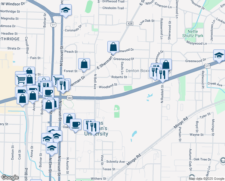 map of restaurants, bars, coffee shops, grocery stores, and more near 1807 Frame Street in Denton