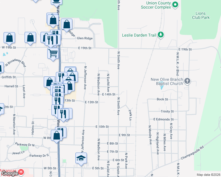 map of restaurants, bars, coffee shops, grocery stores, and more near 2001 North Euclid Avenue in El Dorado