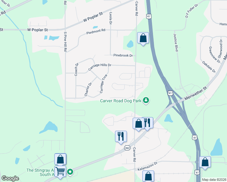 map of restaurants, bars, coffee shops, grocery stores, and more near 1671 Summerwoods Circle in Griffin