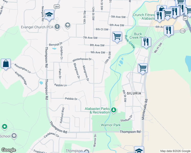 map of restaurants, bars, coffee shops, grocery stores, and more near 101 Winterhaven Drive in Alabaster