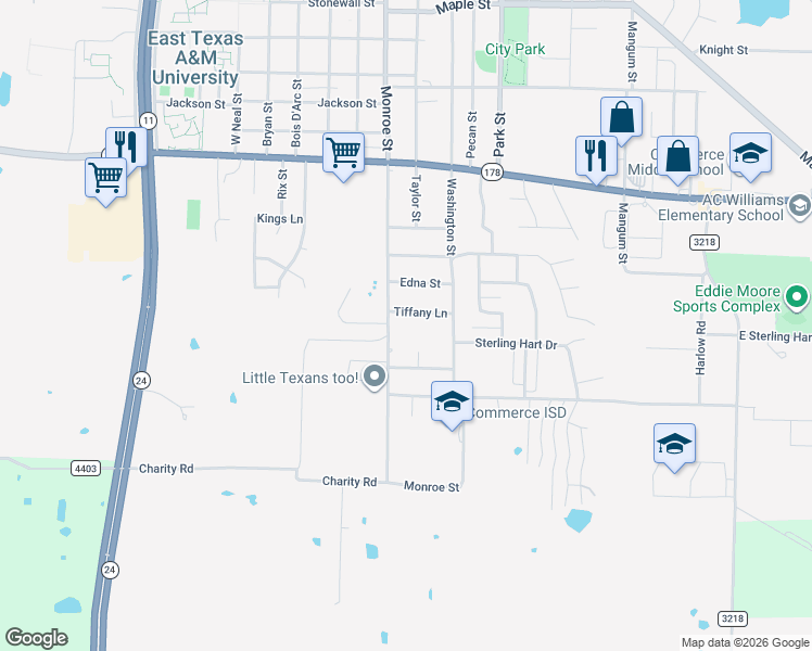 map of restaurants, bars, coffee shops, grocery stores, and more near 2908 Monroe Street in Commerce