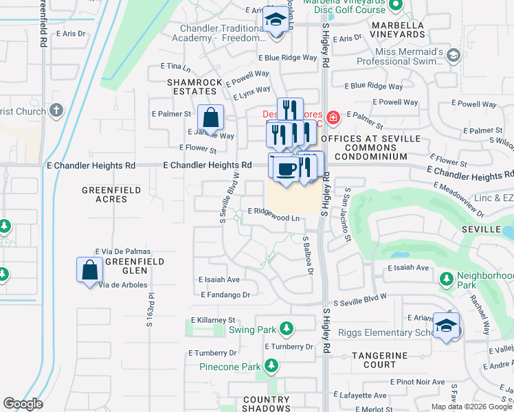 map of restaurants, bars, coffee shops, grocery stores, and more near 3004 East Ridgewood Lane in Gilbert