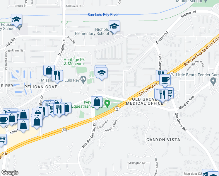 map of restaurants, bars, coffee shops, grocery stores, and more near 4143 Camino Campana in Oceanside