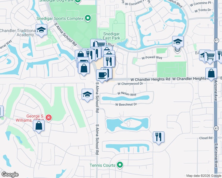 map of restaurants, bars, coffee shops, grocery stores, and more near 933 West Nolan Way in Chandler