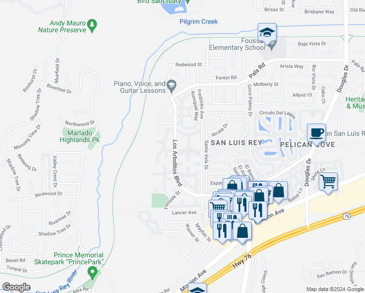 map of restaurants, bars, coffee shops, grocery stores, and more near 3459 Orchard Way in Oceanside