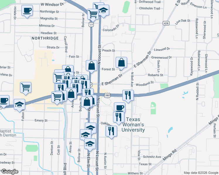 map of restaurants, bars, coffee shops, grocery stores, and more near 209 East University Drive in Denton