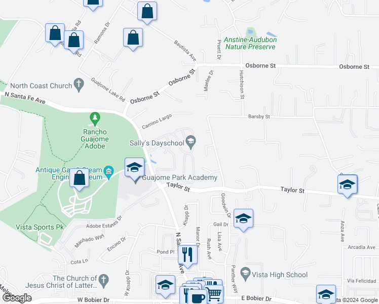 map of restaurants, bars, coffee shops, grocery stores, and more near 300 Paseo Marguerita in Vista