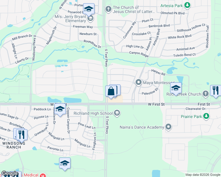 map of restaurants, bars, coffee shops, grocery stores, and more near 15908 Aquilla Way in Prosper