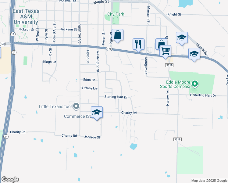 map of restaurants, bars, coffee shops, grocery stores, and more near 2832 Windy Drive in Commerce
