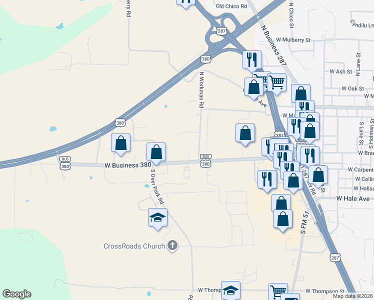 map of restaurants, bars, coffee shops, grocery stores, and more near 302 South Workman Road in Decatur